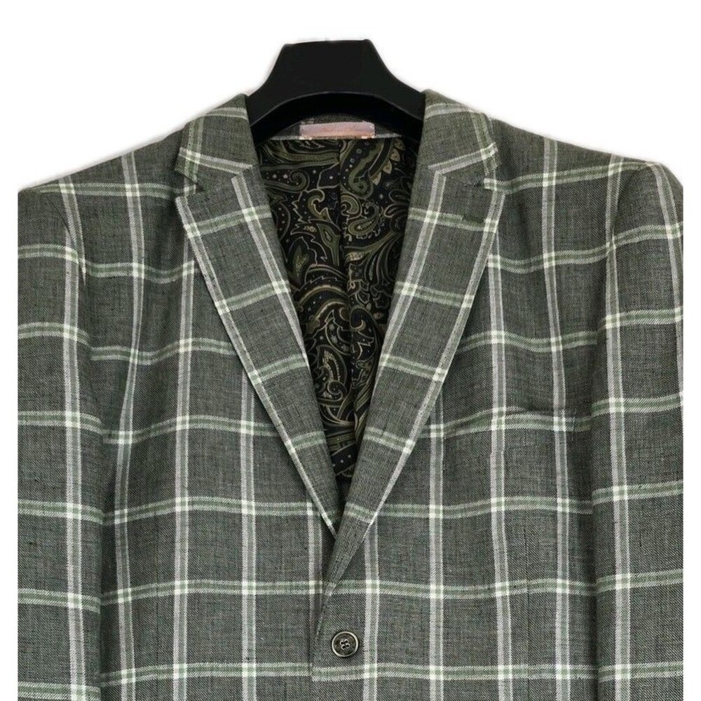 Inserch Blazer Mens 3XL Green Plaid 100% Linen 2 Button Sport Coat Paisley Lined